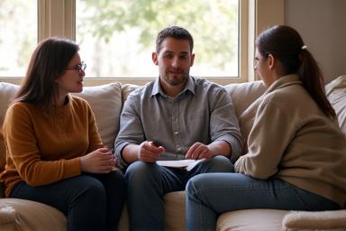 A family listening attentively to a dog trainer in their living room.