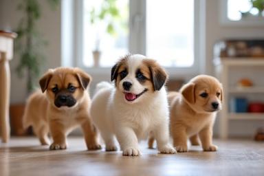 A group of various puppies playing together in a clean, indoor space.